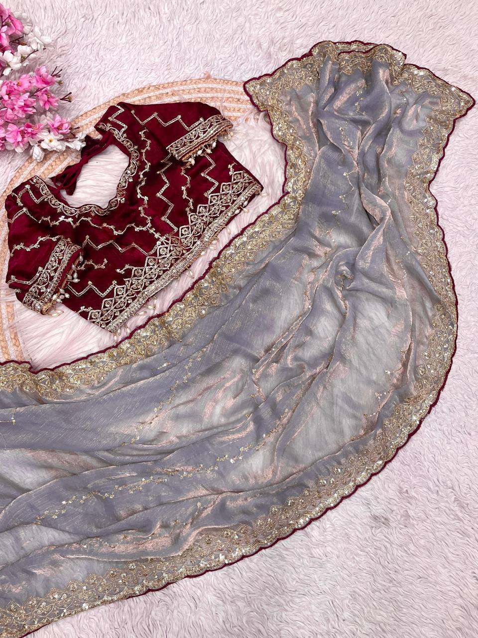 Fendy Chiffon two ton fully stitched Coding sequence embroidery blouse saree