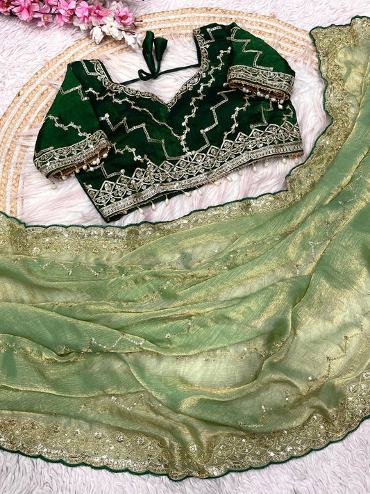 Fendy Chiffon two ton fully stitched Coding sequence embroidery blouse saree