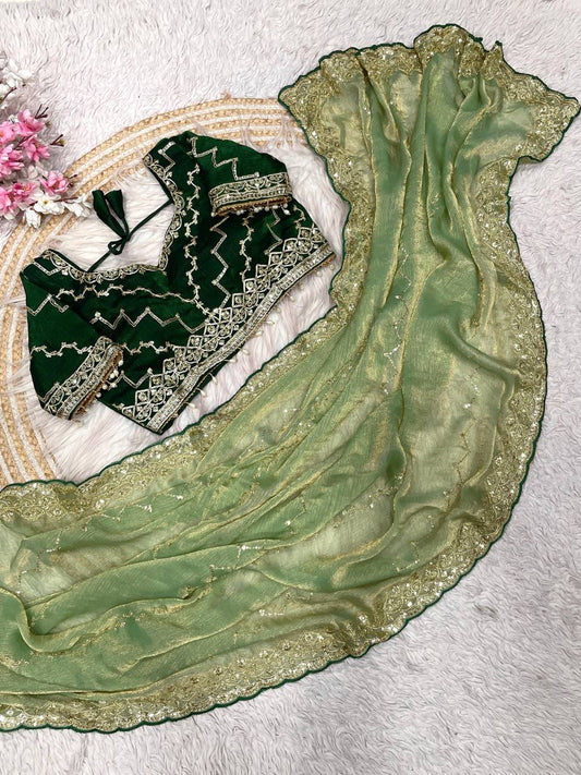 Fendy Chiffon two ton fully stitched Coding sequence embroidery blouse saree