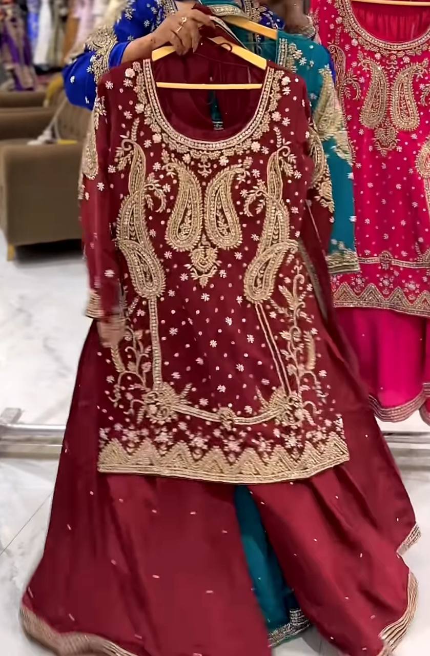 Launching New Designer Party Wear Look Top Sharara Plazzo and Dupatta