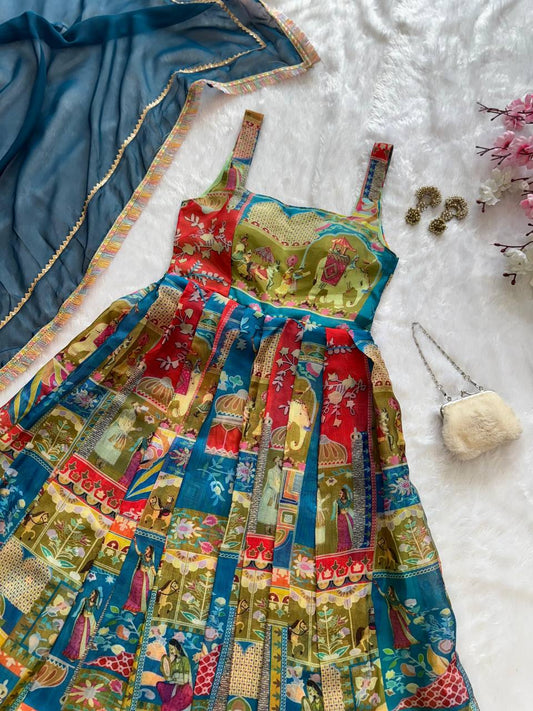 Pure organza silk digital printed padded gown