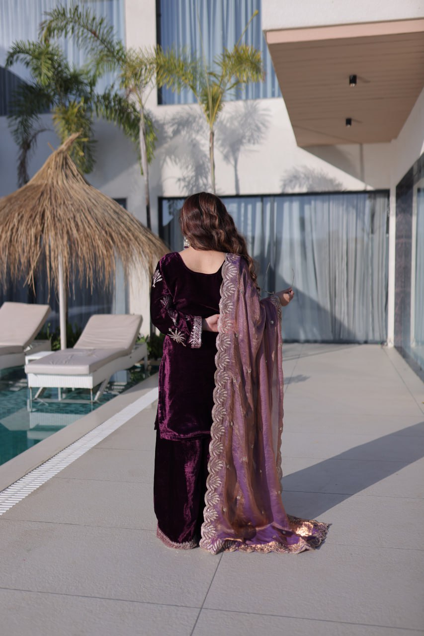 Ice Velvet with Rich Zari Embroidered work Plazzo