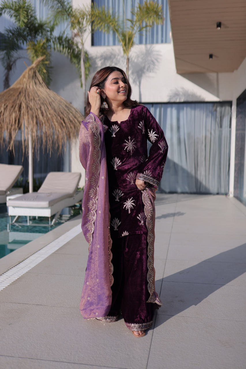Ice Velvet with Rich Zari Embroidered work Plazzo