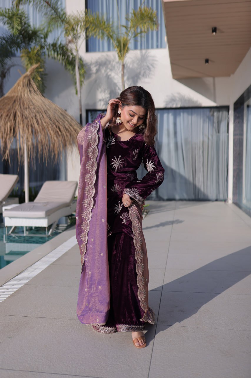 Ice Velvet with Rich Zari Embroidered work Plazzo