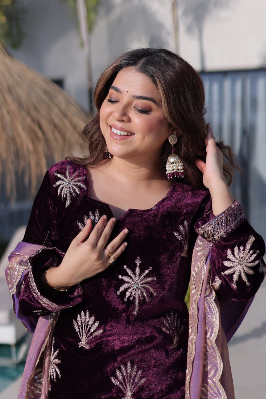 Ice Velvet with Rich Zari Embroidered work Plazzo