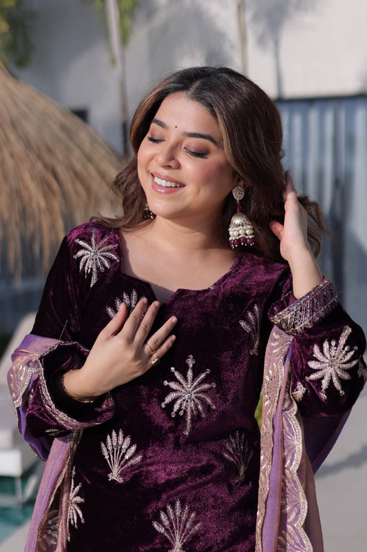 Ice Velvet with Rich Zari Embroidered work Plazzo