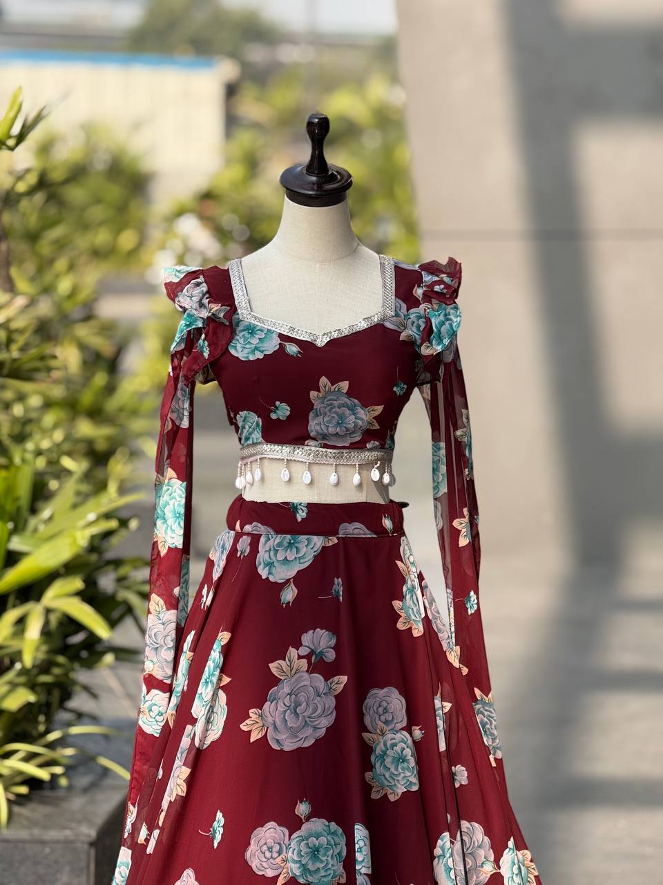 Printed georgette lehnga with canvas patta and waist dori fully stitched