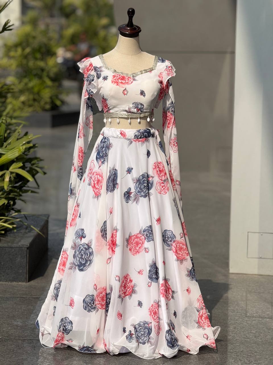 Printed georgette lehnga with canvas patta and waist dori fully stitched