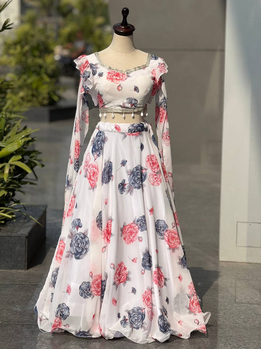 Printed georgette lehnga with canvas patta and waist dori fully stitched