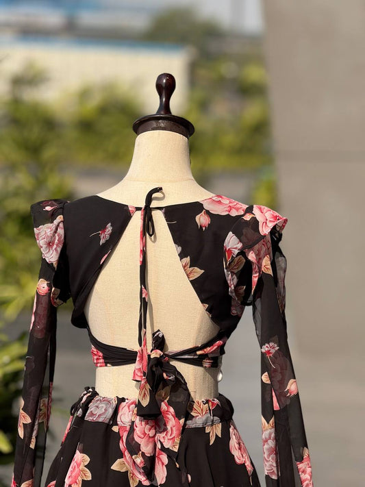 Printed georgette lehnga with canvas patta and waist dori fully stitched