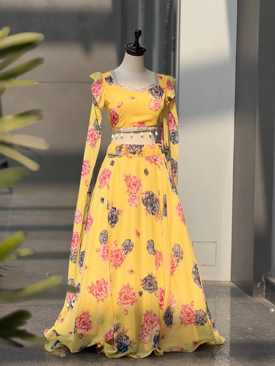 Printed georgette lehnga with canvas patta and waist dori fully stitched