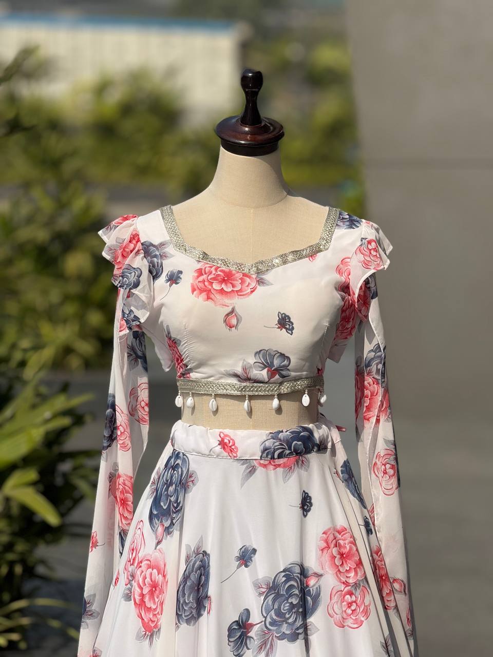 Printed georgette lehnga with canvas patta and waist dori fully stitched