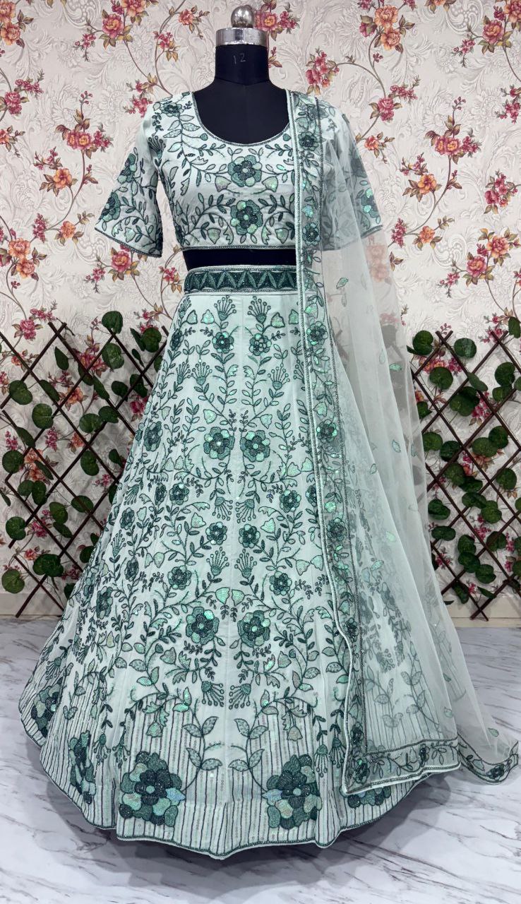 Premium Faux Georgette Embellished With Beautiful Thread Embroidery Lehenga