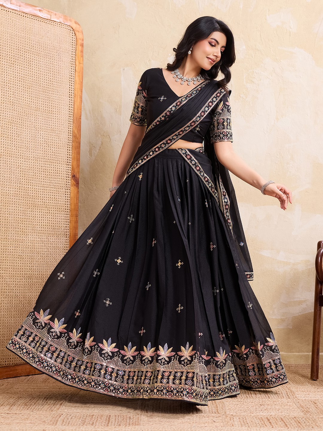 Star Georgette Embroidery Work Lahenga