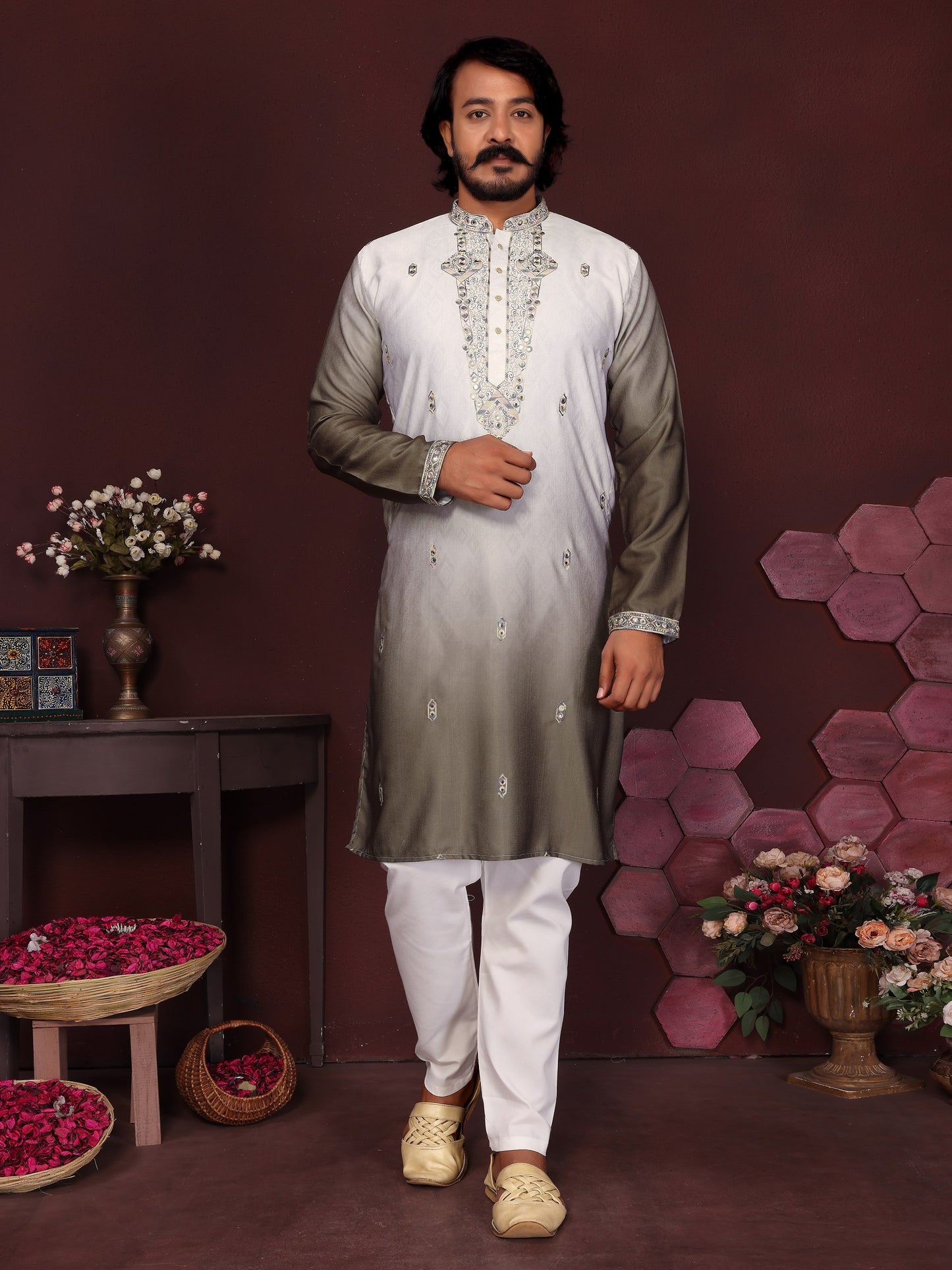 Premium Cotton Silk With Embroidery sequins work Men's Kurta