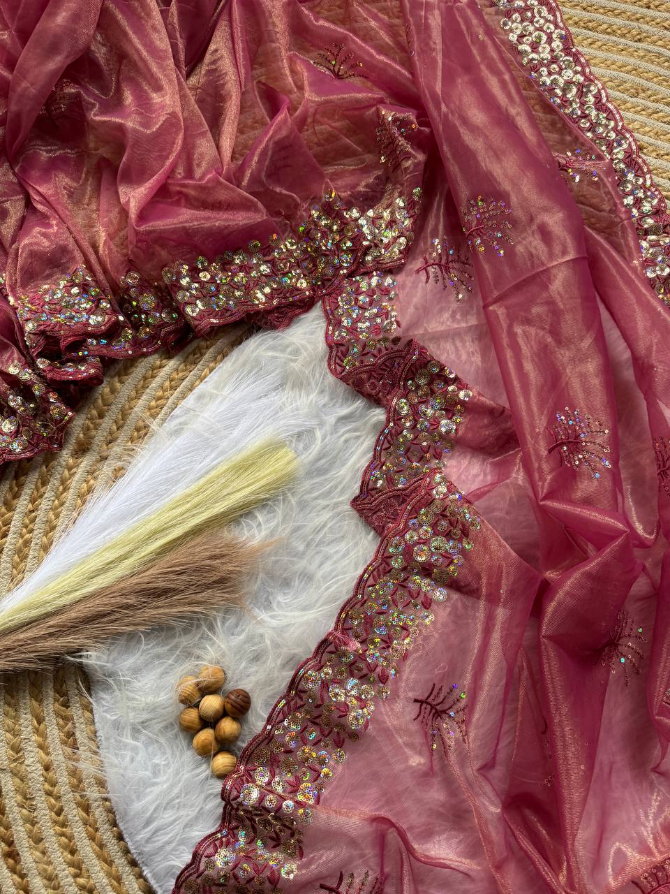 Pure Tissue silk saree in a solid color with embroidery viscos saree
