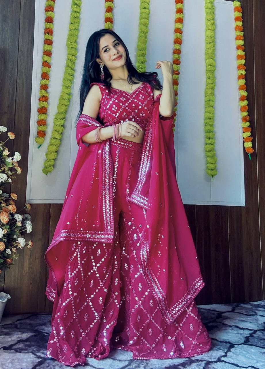 Georgette plazo with foil mirror work & thread work Lehenga
