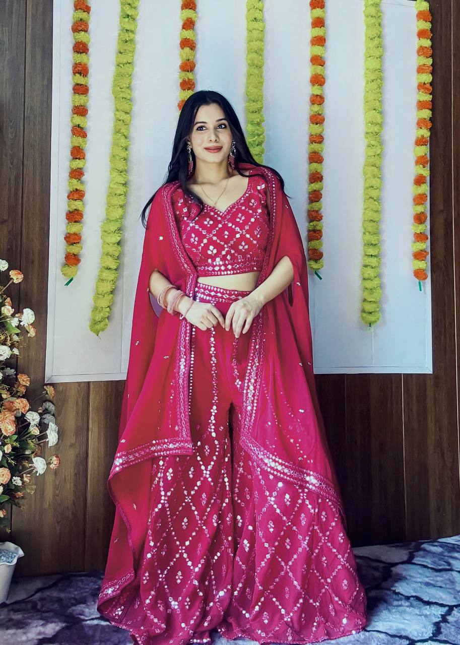 Georgette plazo with foil mirror work & thread work Lehenga