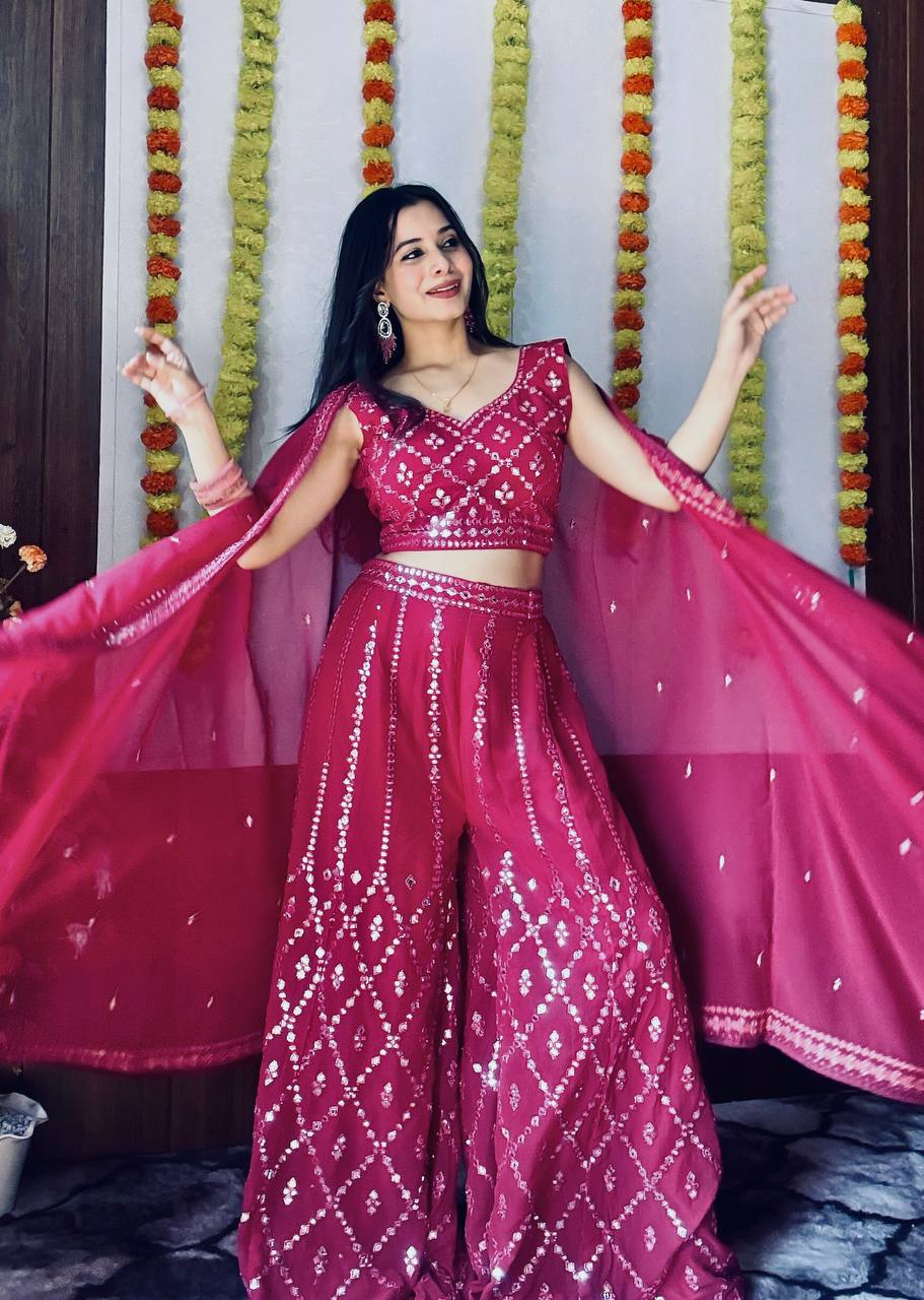 Georgette plazo with foil mirror work & thread work Lehenga