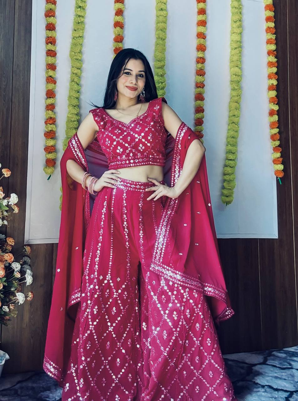 Georgette plazo with foil mirror work & thread work Lehenga