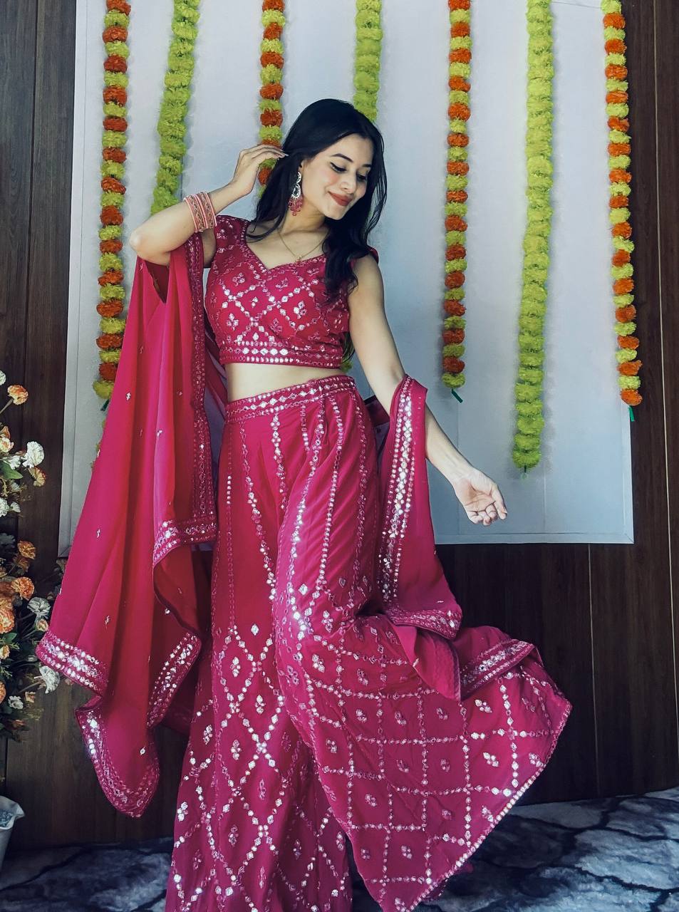 Georgette plazo with foil mirror work & thread work Lehenga