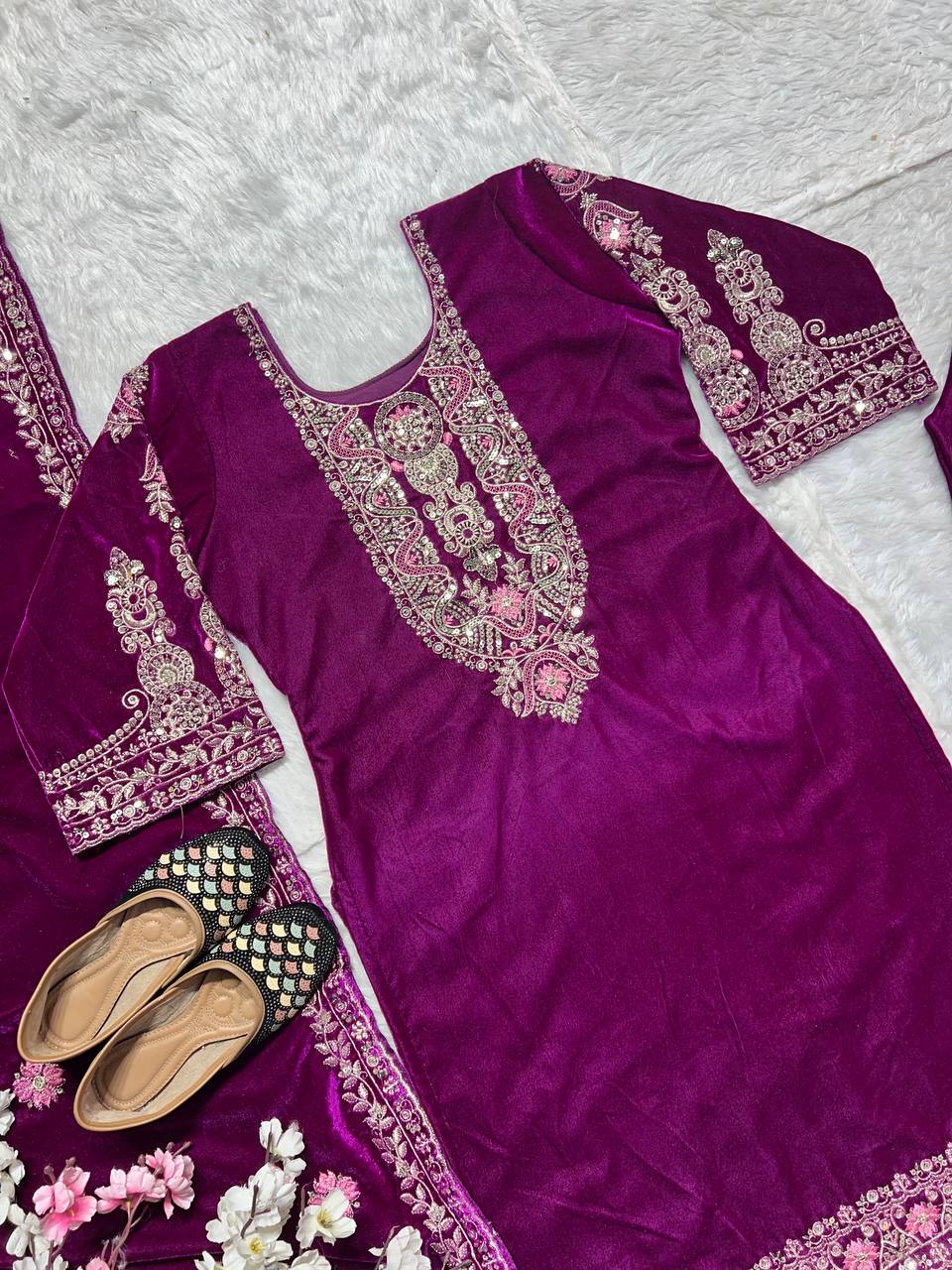 Pure Heavy Viscous Velvet With Heavy Embroidery Suit