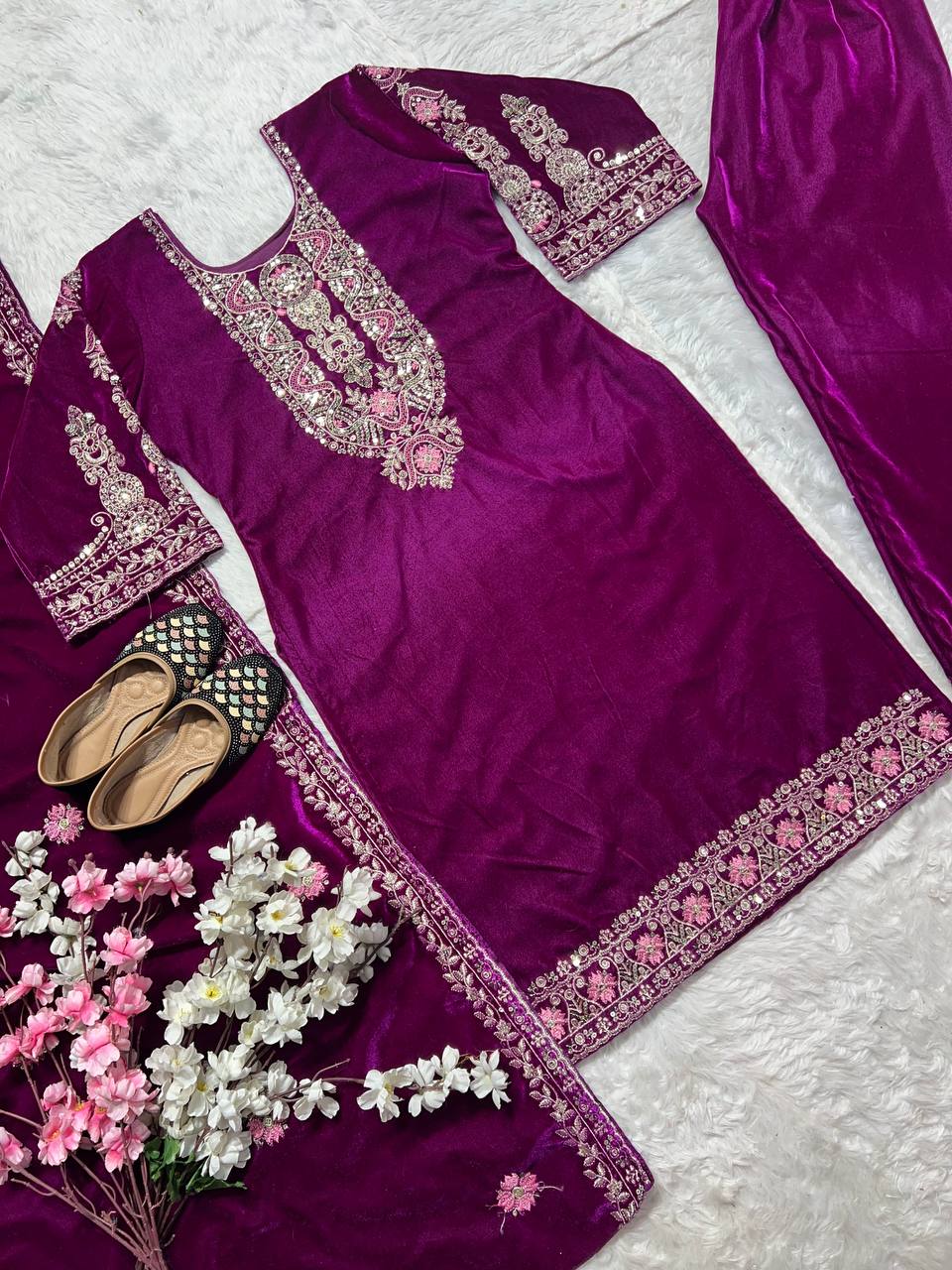 Pure Heavy Viscous Velvet With Heavy Embroidery Suit