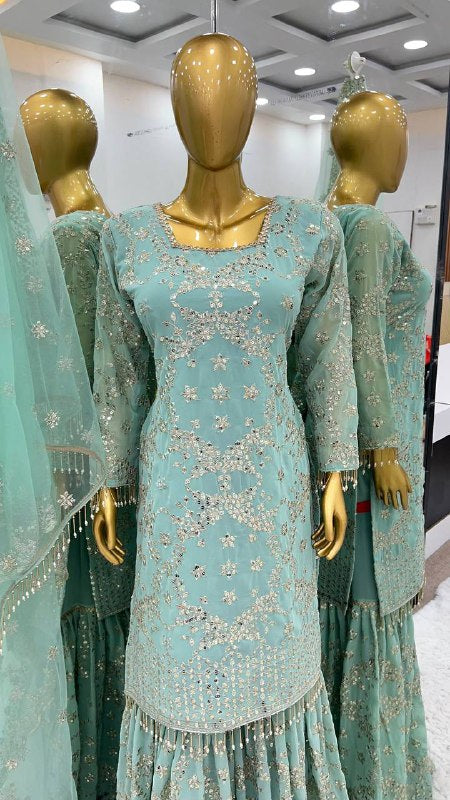 New Sharara Collection Faux Georgette Top-Bottom And Dupatta Set Fully Stitched Ready To Wear