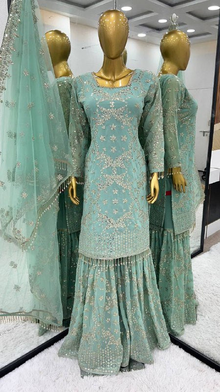 New Sharara Collection Faux Georgette Top-Bottom And Dupatta Set Fully Stitched Ready To Wear