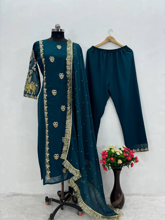 NEW DESIGNER WEAR HEAVY EMBROIDERED SEQUINS WORK 3 PIS SUIT SET