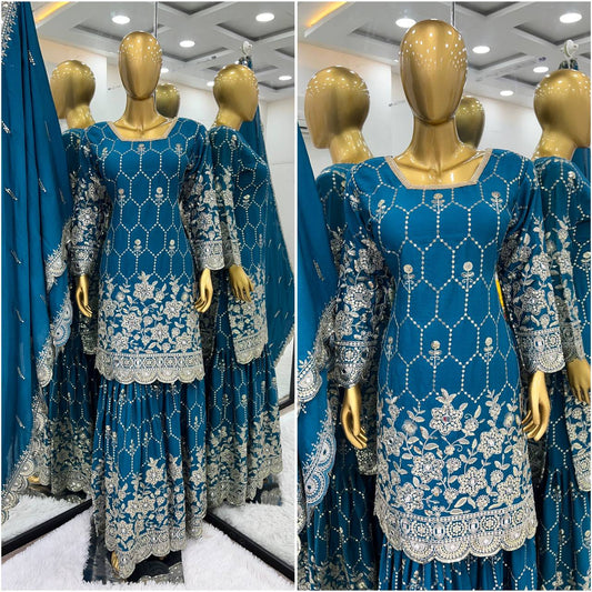 New Sharara Collection Faux Georgette Top Bottom And Dupatta Set