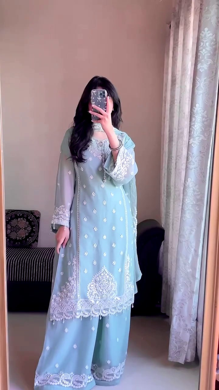 DESIGNER WEAR SEQUENCE EMBROIDERY ON FOX GEORGETTE