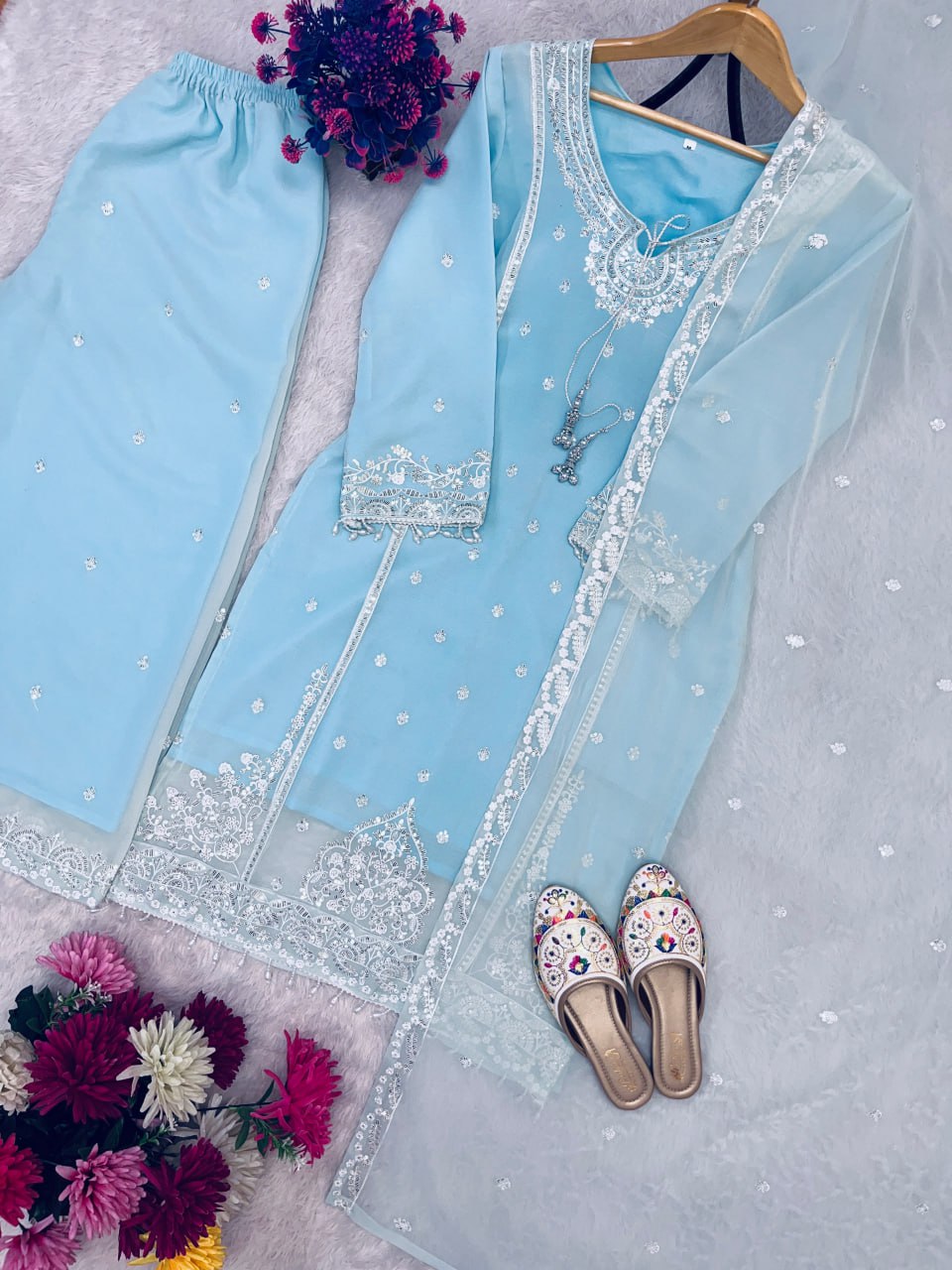DESIGNER WEAR SEQUENCE EMBROIDERY ON FOX GEORGETTE