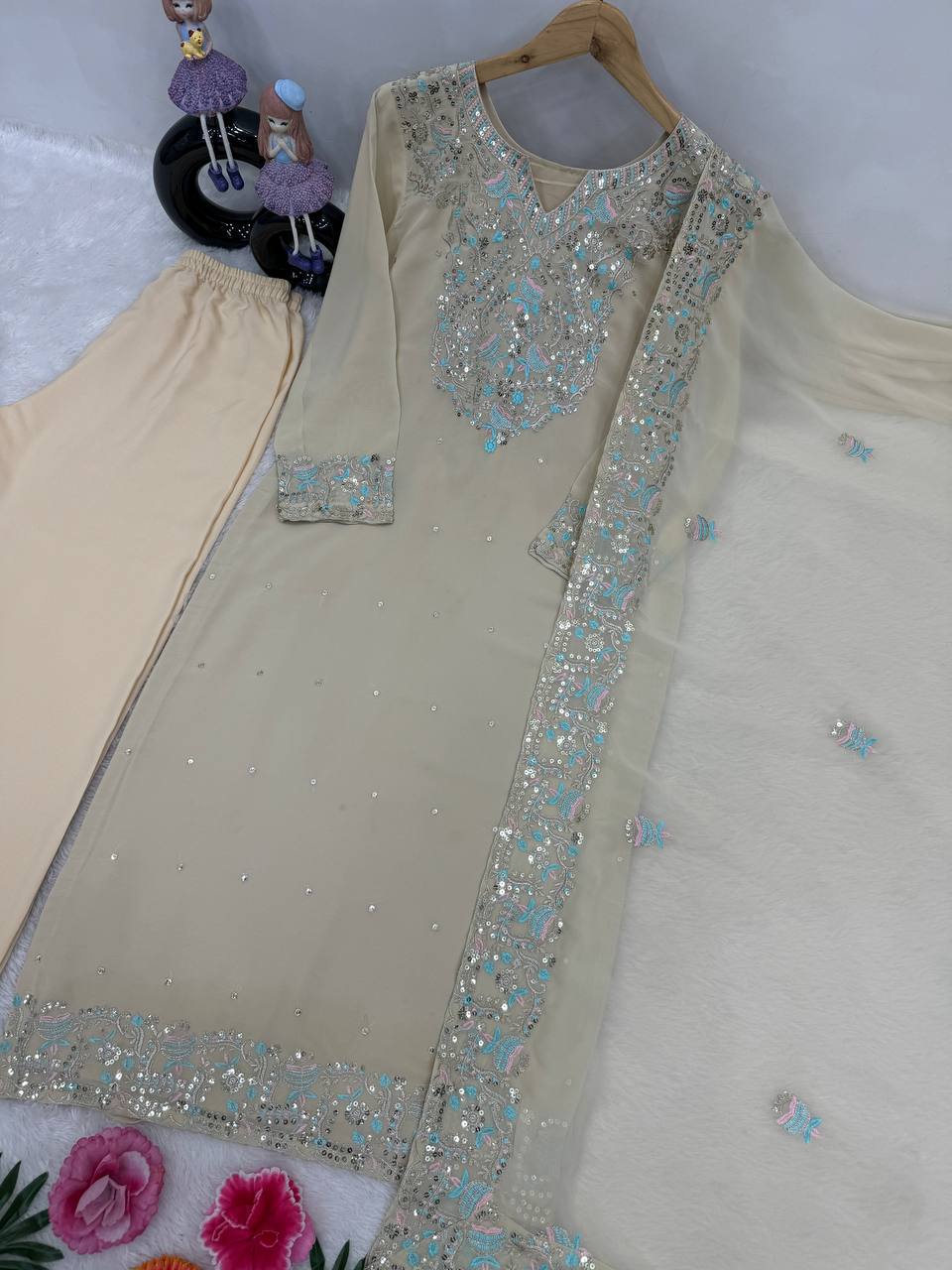 NEW DESIGNER WEAR HEAVY EMBROIDERED SEQUINS WORK 3 PIS SUIT SET