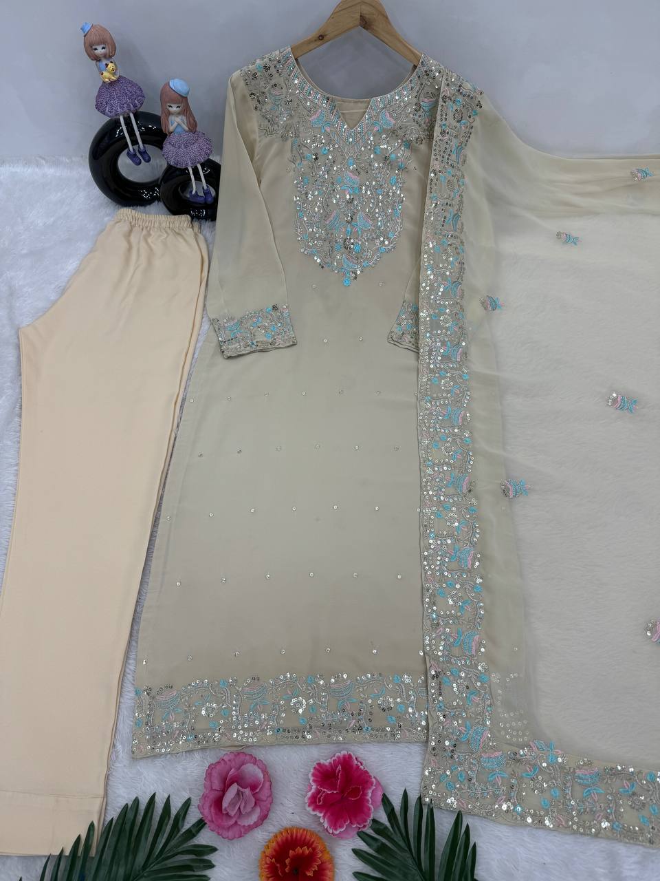 NEW DESIGNER WEAR HEAVY EMBROIDERED SEQUINS WORK 3 PIS SUIT SET