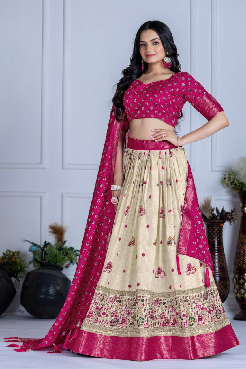 Heavy Lichi Fabric WIth Jacquard Border Lehenga