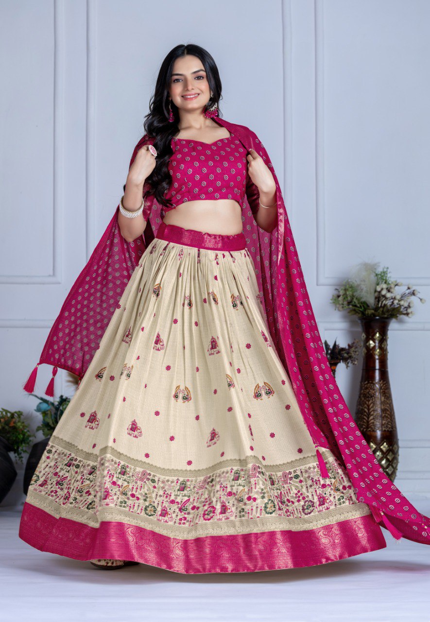 Heavy Lichi Fabric WIth Jacquard Border Lehenga