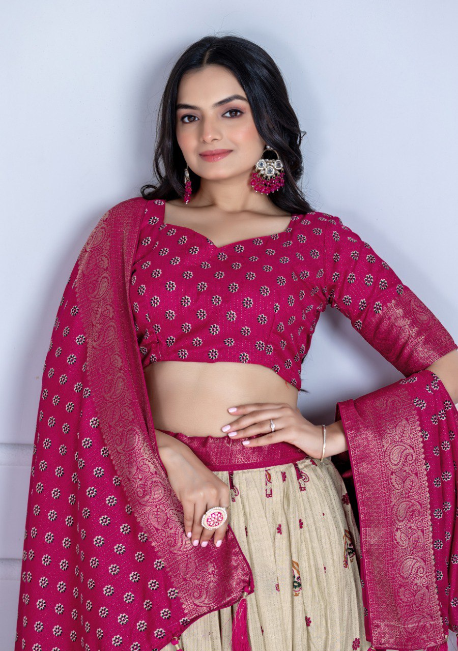 Heavy Lichi Fabric WIth Jacquard Border Lehenga