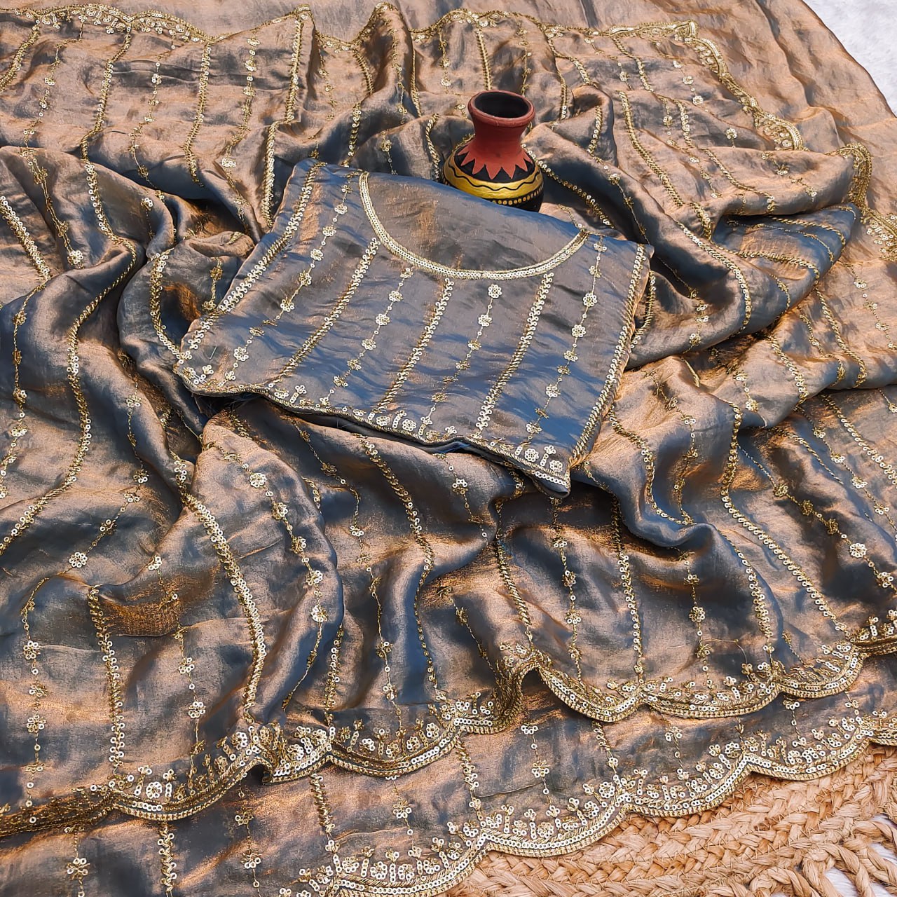 Pure Fandy Sattin Silk With Beautiful Sequence embroidery work saree