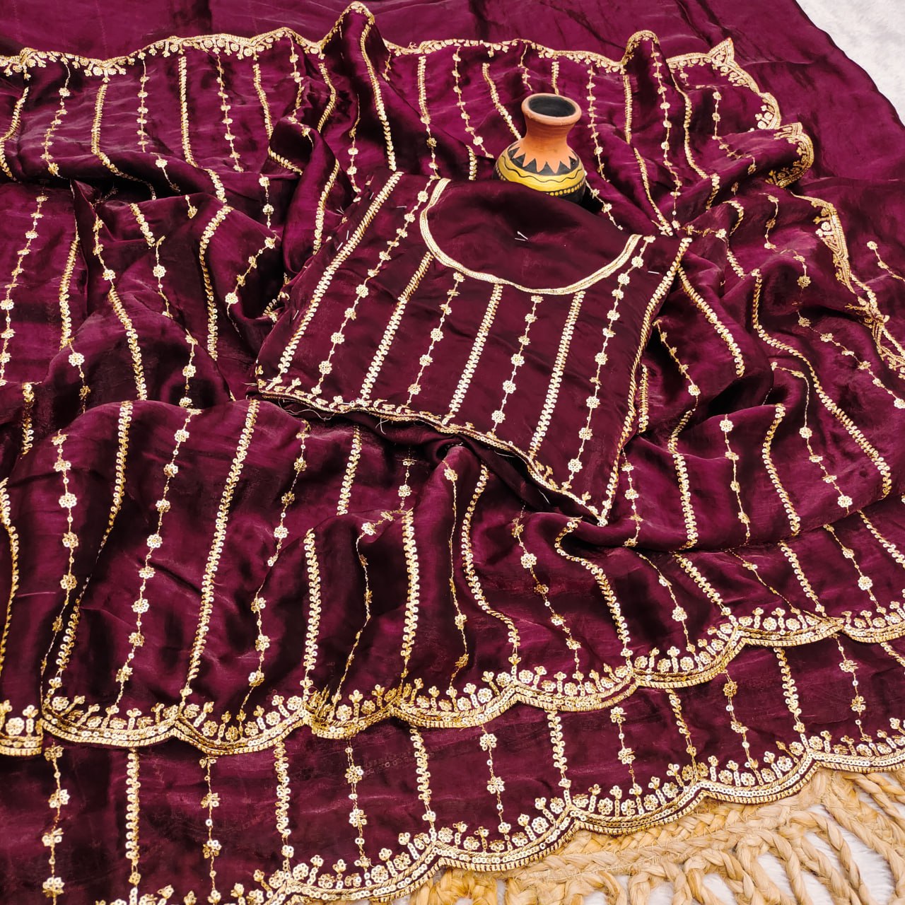 Pure Fandy Sattin Silk With Beautiful Sequence embroidery work saree