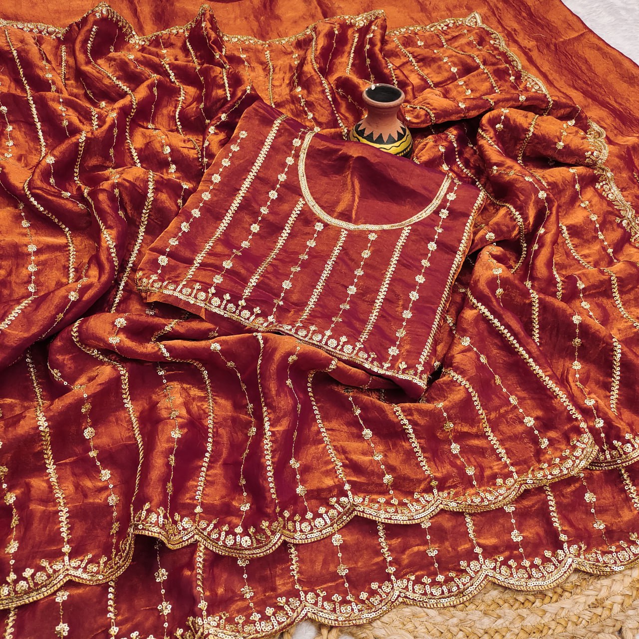 Pure Fandy Sattin Silk With Beautiful Sequence embroidery work saree