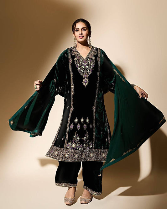 Green Coloured Embroidered Attractive Party Wear Velvet Silk fabric Kurti