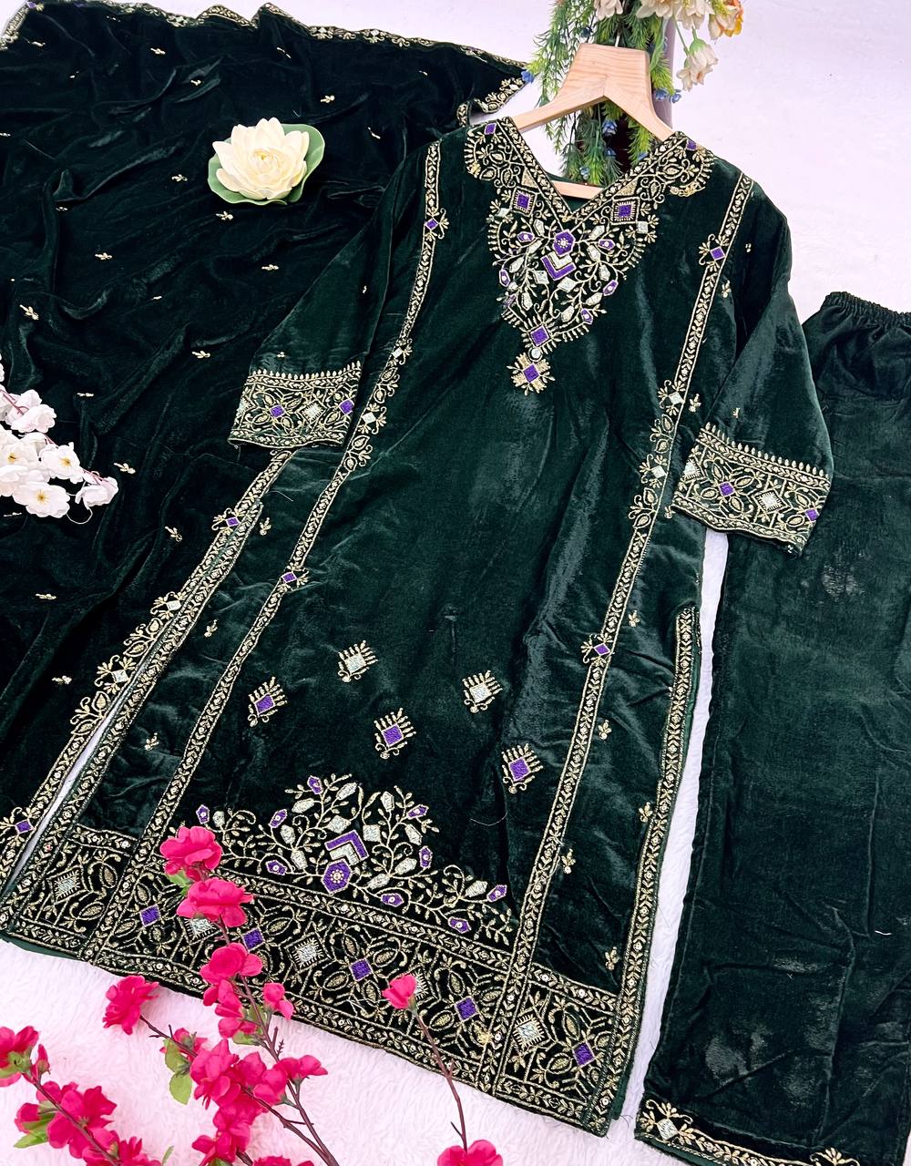 Green Coloured Embroidered Attractive Party Wear Velvet Silk fabric Kurti