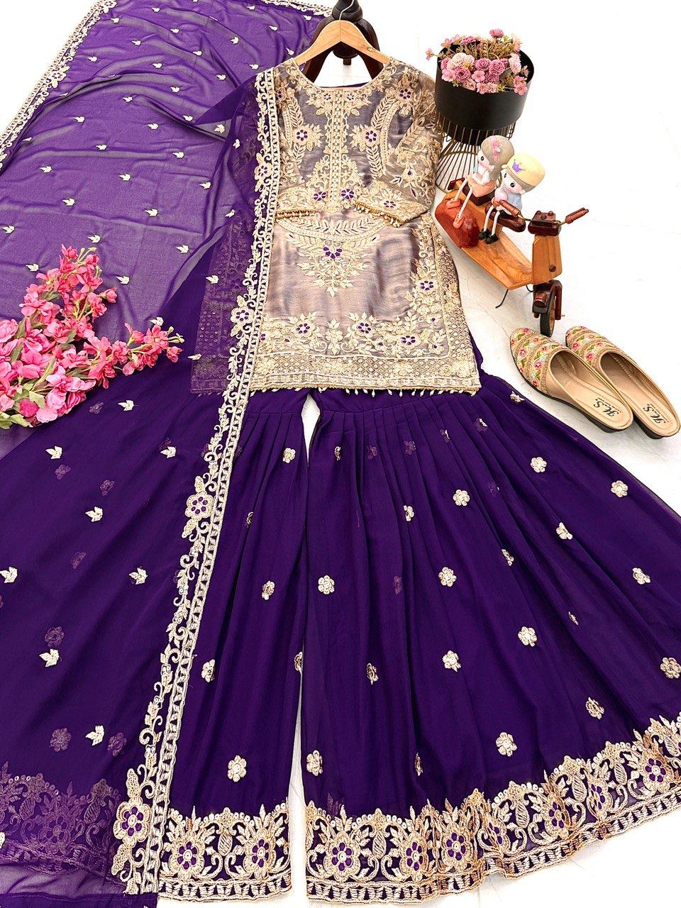 Designer Embroidered Top Plazzo Dupatta Set Collection