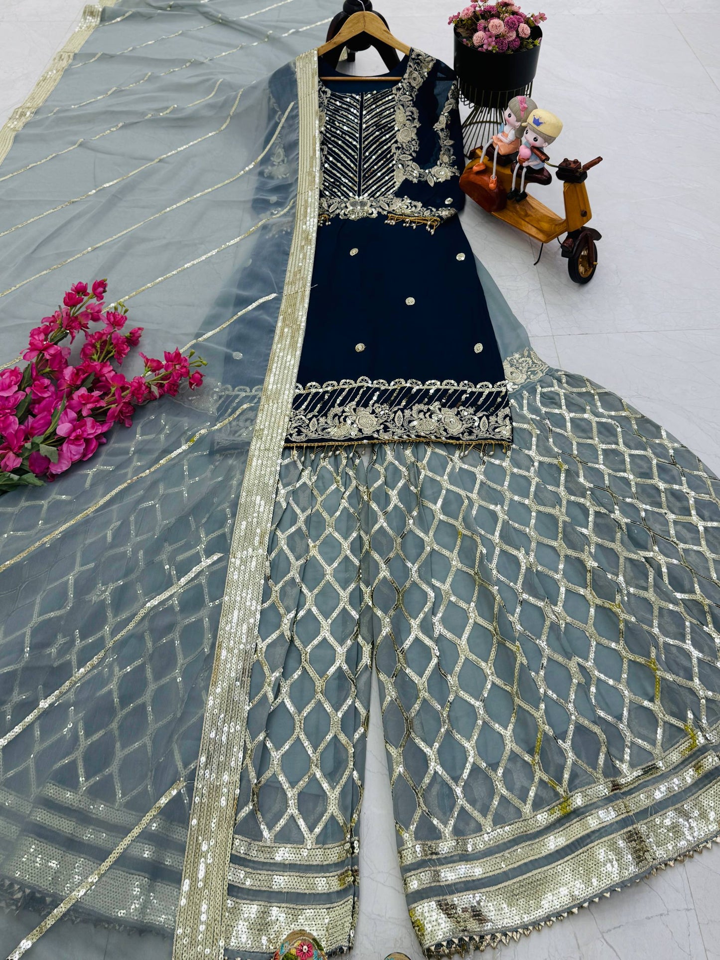 Designer Embroidered Top Plazzo Dupatta Set Collection