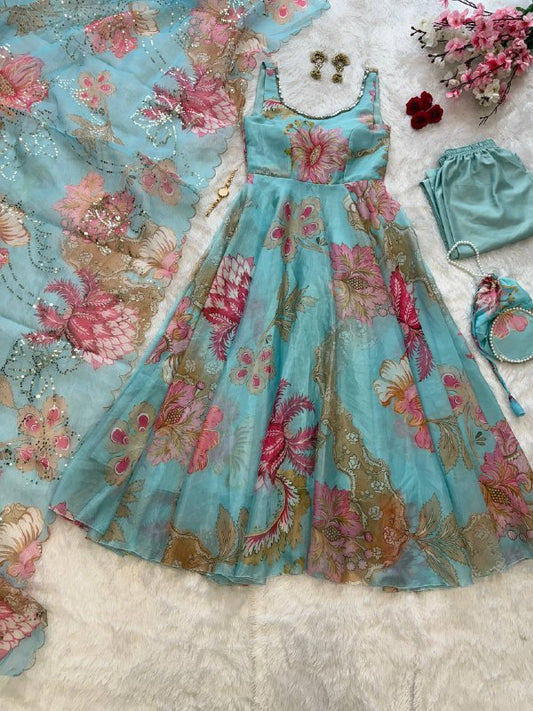 pure organza silk digital printed padded anarkali