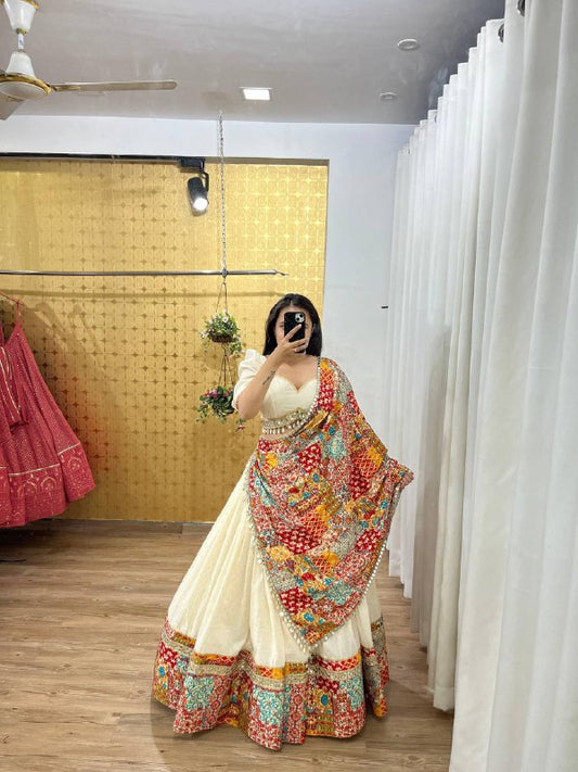 2024 NAVRATRI WEAR BEUTIQUE STYLES REYON DESIGNER PRINTED AND REAL MIRROR AND KODI LACE WORK LEHENGA CHOLI