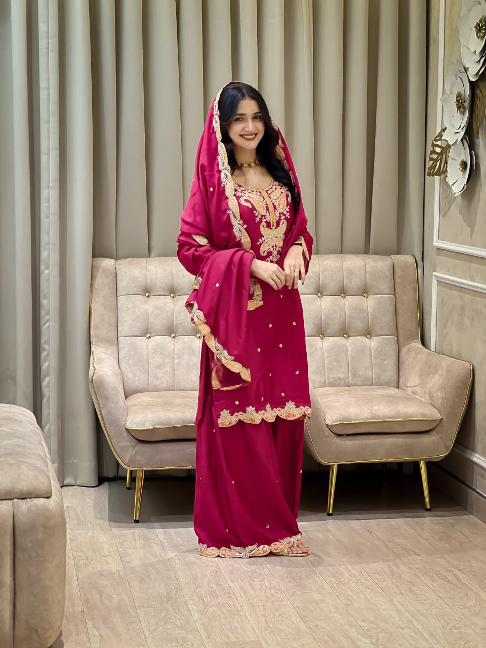 NEW DESIGNER HEAVY EMBROIDERY WORK ON SILK FABRIC TOP SHARARA