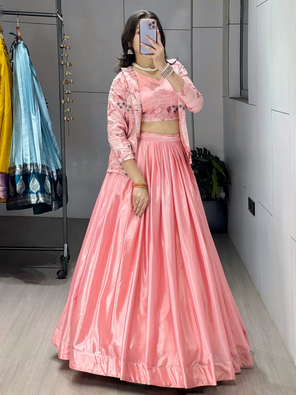 Drape the Most Beautiful Chinon Positioned Prints Koti With Lehenga