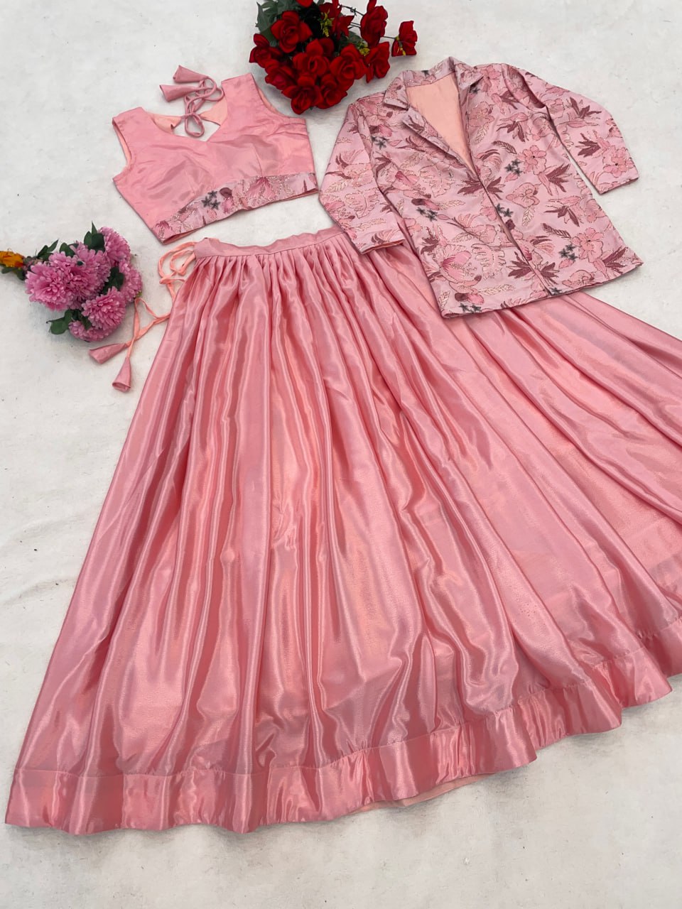 Drape the Most Beautiful Chinon Positioned Prints Koti With Lehenga